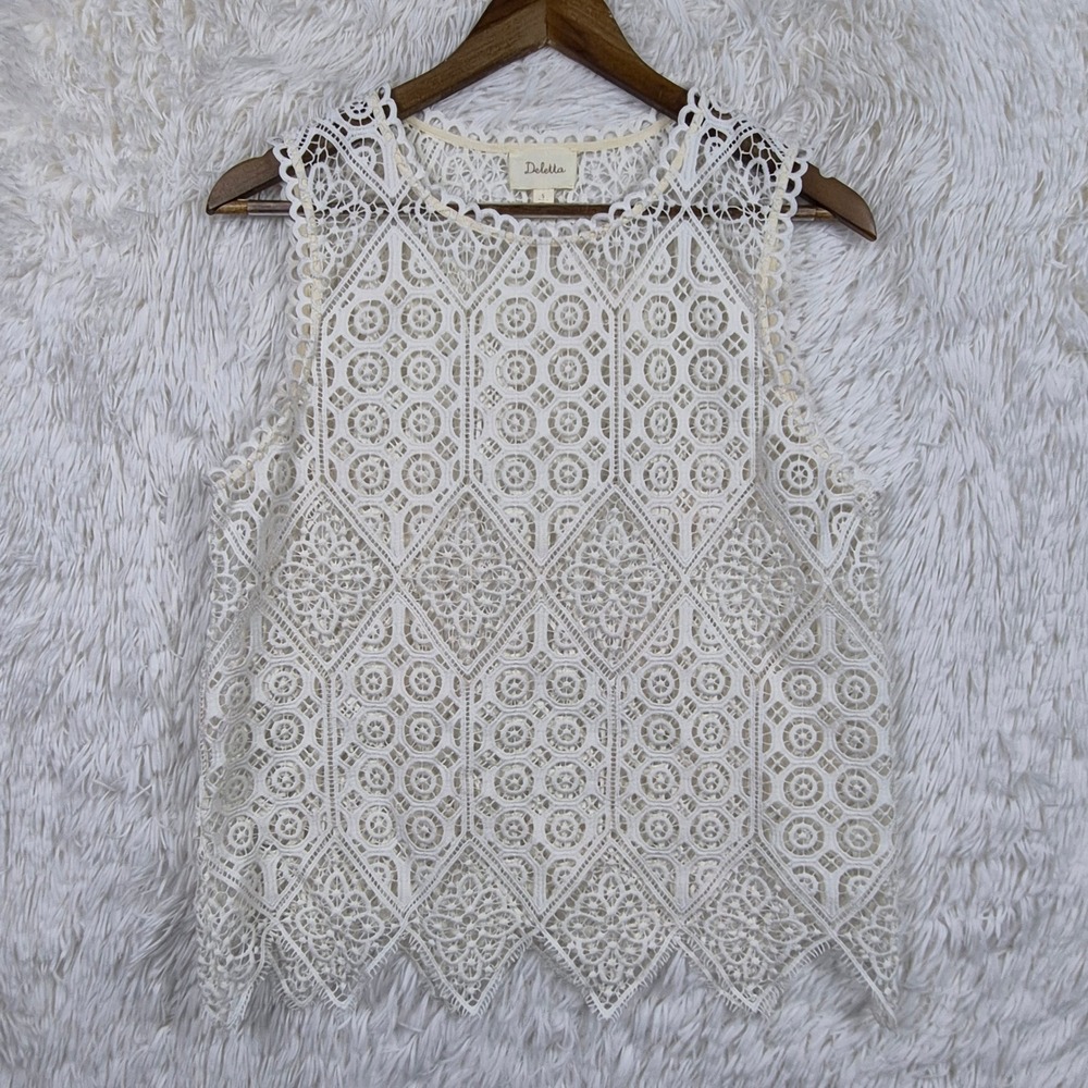 Deletta Anthropologie Ivory Geometric Eyelet Lace Sleeveless Blouse Top Small